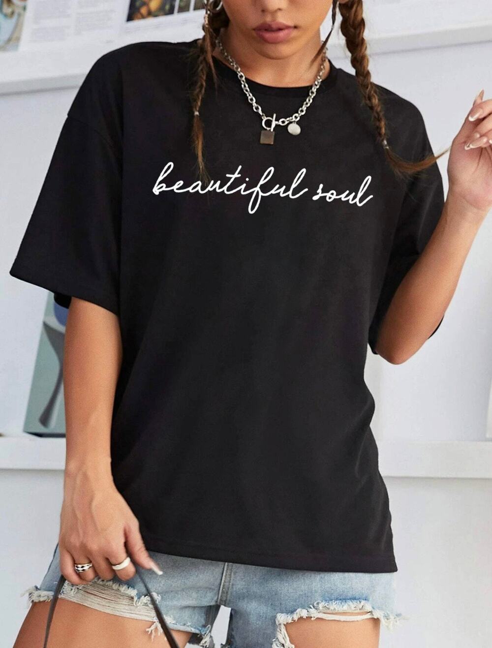 Minimalist Black Graphic Tee Beautiful Soul Cursive Script Short Sleeve T-Shirt